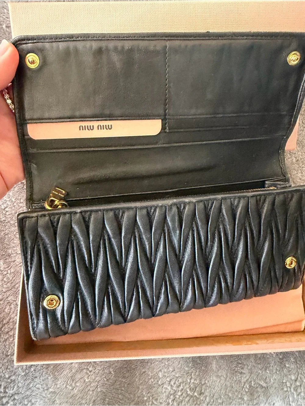 Miu Miu Black Matelassé Leather Wallet with Bejeweled Logo